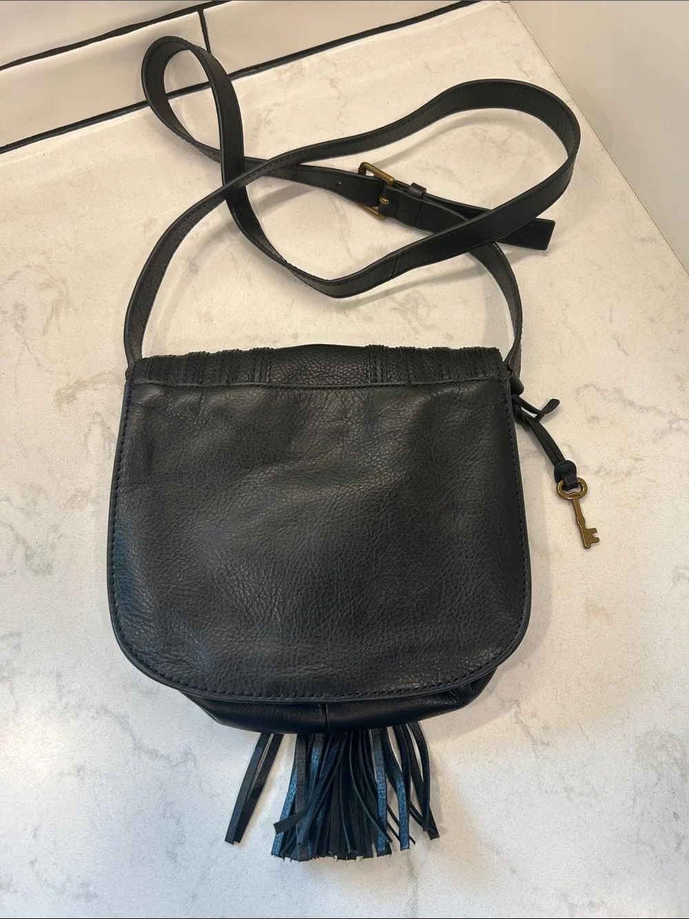 Fossil Emi Leather Tassel Crossbody Black Saddle Bag